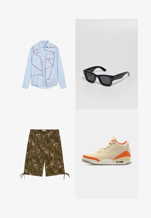 Camicia azzurro chiaro a maniche lunghe con colletto classico, caratterizzata da ricami astratti rossi, tra cui occhi e un design dentato.; Pantaloni corti con motivo camouflage in tonalità di verde e marrone, realizzati in un materiale leggero, dotati di tasche laterali e lacci regolabili all'orlo.; Sneaker beige con accenti arancioni, tomaia in tela, dettagli testurizzati sul tallone e un'unità d'aria visibile nella suola.; Occhiali da sole neri con finitura lucida, montatura rettangolare, lenti scure e accenti del logo dorati sulle tempie. Due punti dorati su ciascun angolo anteriore.; Borsa a tracolla nera in nylon con patta frontale, tracolla regolabile e fibbia in plastica. Presenta un marchio testurizzato sulla tracolla e sul corpo.