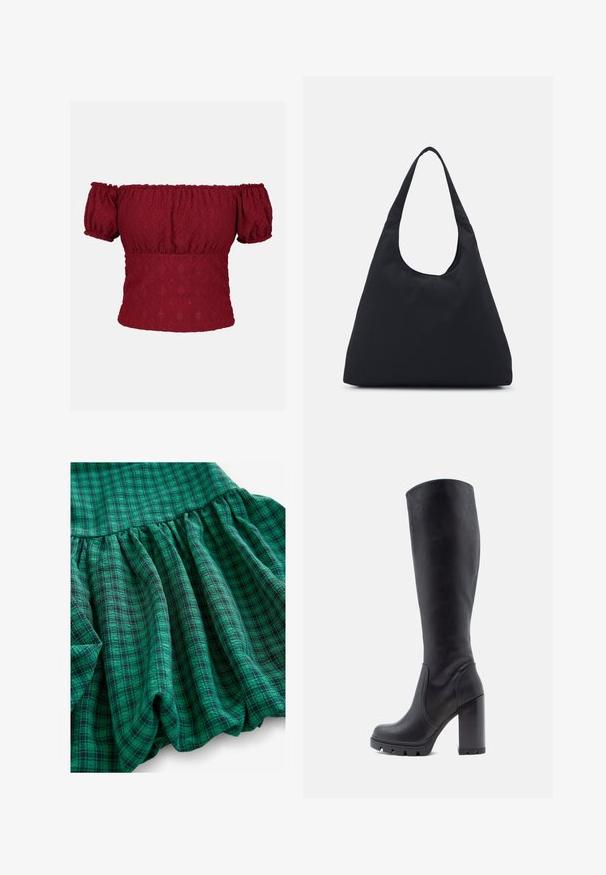 Burgundy off-the-shoulder top with puff short sleeves, featuring a textured diamond pattern and elasticized neckline and hem.; Green plaid fabric features with varying shades, gathered texture, and ruffled hem. Material looks breathable and lightweight.; Black knee-high boot, smooth leather material, chunky heel, rounded toe, textured sole with grip, sleek design without embellishments.; Black fabric bag with a single, wide shoulder strap. Soft, semi-structured shape and smooth texture; minimal design, without visible hardware.