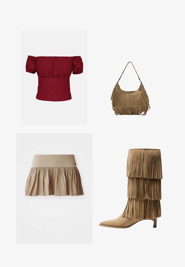 Bordeaux off-shoulder top met pof korte mouwen, voorzien van een gestructureerd ruitpatroon en een elastische halslijn en zoom.; Beige katoenen rok met een gathered zoom, voorzien van een brede elastische tailleband. Lichtgewicht materiaal met een zachte textuur en een casual design.; Franje enkellaars in tan suède met drie gelaagde franjes. V pointed toe en een lage blokhak. Gladde textuur overal.; Bruine suède handtas met lange franjes, een gebogen vorm en een enkele schouderband. Heeft een gladde, gestructureerde oppervlakte.