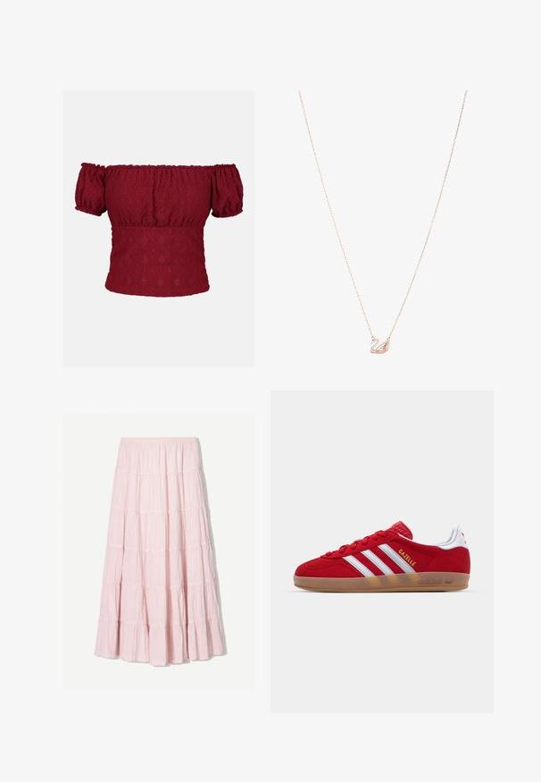 Burgundy off-the-shoulder topp med puffärmar, med ett texturerat diamantmönster och elastisk halsringning samt nederkant.; Ljusrosa, vågad maxiklänning gjord av ett texturerat, lätt material. Elastisk midja och flytande fåll med volangdetaljer.; Röd mocka sneaker med vitt tre-stripes mönster och guld "Gazelle" text. Har en gumminocke och texturerad häl.; Halsband i roséguld med en svanpendel, prydd med klara kristaller. Kedjan har en fin länkdessign.