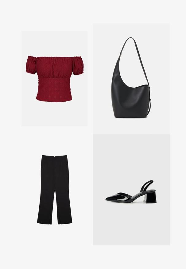 Burgundy off-the-shoulder top with puff short sleeves, featuring a textured diamond pattern and elasticized neckline and hem.; Black trousers with a straight fit, featuring front pockets and side slits at the hem. Made of soft, smooth fabric. Suitable for various occasions.; Black patent leather slingback heels with a pointed toe and a geometric block heel. Features a sleek, minimal design and smooth texture.; Black leather hobo bag with a smooth texture, curved shape, and single adjustable strap; features a wide opening at the top.