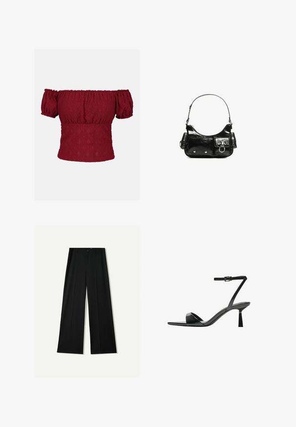 Burgundin off-the-shoulder toppi puffi lyhyillä hihoilla, jossa on kuvioitu timanttexsti ja elastinen pääntie sekä helma.; Bershka WIDE - Housut - black; Bershka Korolliset sandaalit - black; Mustekko mustasta kiiltonahasta valmistettu käsilaukku, jossa on kaareva muoto, yksi olkahihna, etutaskut ja hopeanväriset yksityiskohdat.