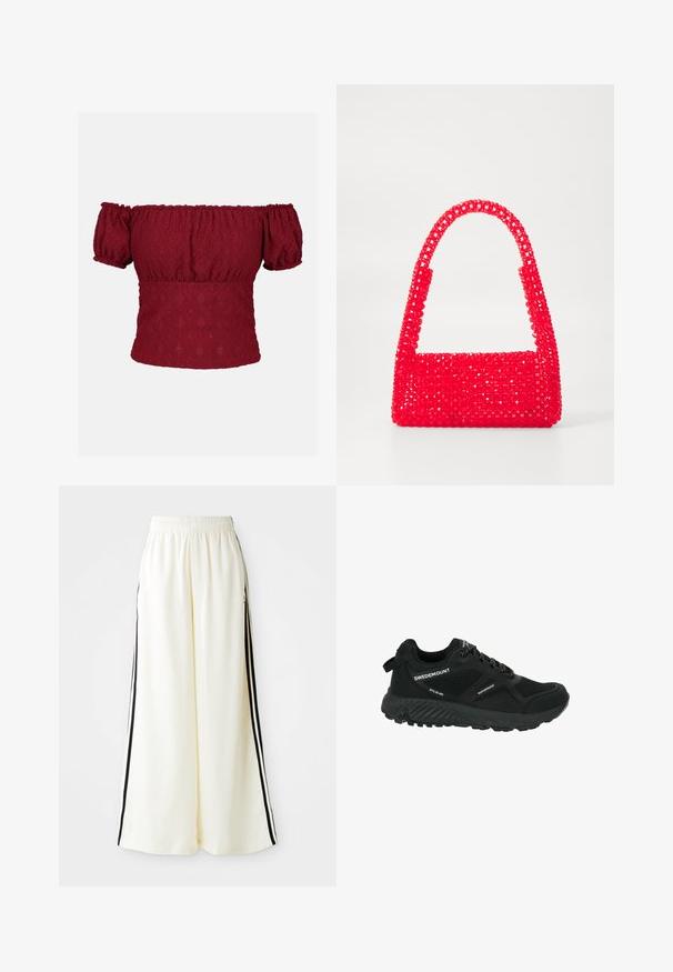 Burgundy off-the-shoulder top with puff short sleeves, featuring a textured diamond pattern and elasticized neckline and hem.; White wide-leg pants with elastic waistband and black vertical stripes along outer seams.; Black waterproof hiking shoe with mesh panels, textured sole, round toe, and reflective laces. Features logo and pull tab on heel.; Red handbag made of beaded plastic, featuring a square base and a curved handle. The surface has a textured, glossy finish with a pattern of beads.