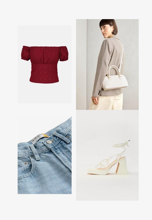 Vyniojuota burgundiška palaidinė be petnešėlių, su pūkuotomis trumpomis rankovėmis, pasižyminti tekstūruotu deimantiniu raštu ir elastinga apykakle bei juosmeniu.; Šviesiai mėlyni džinsai su laisvu bootcut dizainu, vidutinio aukščio juosmuo, metalinė užsegimo sagtis ir etikete, kuri skaito "LAISVAS BOOTCUT."; Balti aukštakulniai sandalai su masyviu kulnu, su dirželių dizainu ir kulkšnies raiščiu. Lygi tekstūra su platforma priekyje, suteikianti papildomą aukštį.; Balta struktūruota rankinė su trumpomis rankenomis ir peties diržu, su auksinėmis detalėmis ir tekstūruota medžiaga, pastatyta prieš pilką foną.