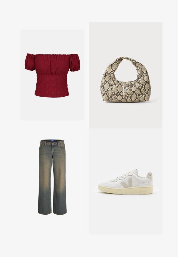 Burgundia õlgadelt kukkuv top puff-siramisega lühikeste varrukatega, millel on tekstuuriga teemantmuster ning elastne kaela- ja servaosa.; Laiad sinised denim püksid, millel on heledast tumedani gradient, viie tasku disain ja nööpidega sulgemine. Õmblustähtsused servadel.; Valge nahast tenniseking, millel on beežist siidist aktsent ja aukudega varvas, lame paelad ja tekstureeritud koorevärvi tallad. Omab nüansirikast brändimist kannal.; Musta käärmeprindiga kott kõveraga käepidemega. Valmistatud tekstiilsetest, beežidest ja pruunidest materjalidest, millel on iseloomulik rombikujuline muster.