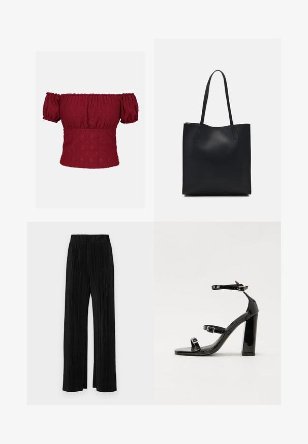 Top borgogna con spalle scoperte e maniche corte a palloncino, caratterizzato da un motivo a diamante testurizzato e scollatura ed orlo elastico.; Pantaloni neri a plissé con vita elasticizzata. Presentano gamba ampia e un tessuto liscio e texture con strisce verticali.; Sandali con tacco in vernice nera, con punta squadrata, cinturini alla caviglia e fibbie in argento. Presentano un tacco a blocco spesso per maggiore stabilità.; Borsa tote in pelle nera con texture liscia, forma rettangolare e due manici lunghi. Nessun hardware o decorazione visibile.