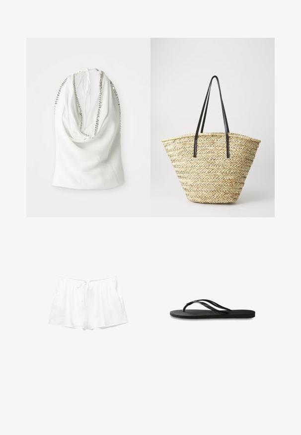 Top in tessuto bianco con design drappeggiato, dotato di una rifinitura di perline lungo il collo e una chiusura con legatura sul retro. Texture morbida.; Pantaloni corti bianchi in cotone con vita elasticizzata, cordoncino regolabile e tasche laterali. Textura morbida e design semplice con una vestibilità comoda.; Infradito neri con suola in gomma testurizzata, due cinghie sottili e un sottile dettaglio del logo impresso sulla cinghia.; Borsa a tracolla in paglia intrecciata con una forma ampia e affusolata, dotata di due manici in pelle nera. Colore beige naturale con una superficie texture.
