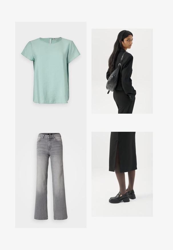 Mintově zelený top s krátkým rukávem, který má kulatý výstřih a malý otvor ve tvaru klíče na zadní straně, vyrobený z hladkého a lehkého materiálu.; Džíny z šedého denimu s vysokým pasem a rovnými nohavicemi, předním zapínáním na knoflík a zip, předními a zadními kapsami, a vybledlým stínováním na stehnech a lýtkách.; Černé kožené boty s kulatou špičkou, silným blokovým podpatkem a elastickými bočními akcenty, spárované s tmavými punčochami a černou sukní se rozparkem.; Žena s dlouhými tmavými vlasy, oblečená v černém obleku, nese černou koženou kabelku přes rameno a dívá se přes rameno na bílém pozadí.