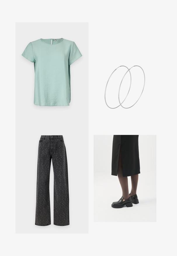 Piparmētru zaļš īsaismē topiņš ar apaļu kakla izgriezumu un mazu atveri aizmugurē, izgatavots no gludas, vieglas auduma.; Noisy May NMJANNEL LOOSE - Brīva piegriezuma džinsi - black denim; Melni ādas apavi ar noapaļotu purngalu, biezām bloku papēžiem un elastīgiem sānu akcentiem, apvienoti ar tumšām zeķubiksēm un melnu svārku ar šķirbu.; Sudraba gredzenveida auskari ar minimālistisku dizainu. Cirkulāra forma, gluda tekstūra un plāns profils. Vieglu svaru ar spīdīgu apdari.