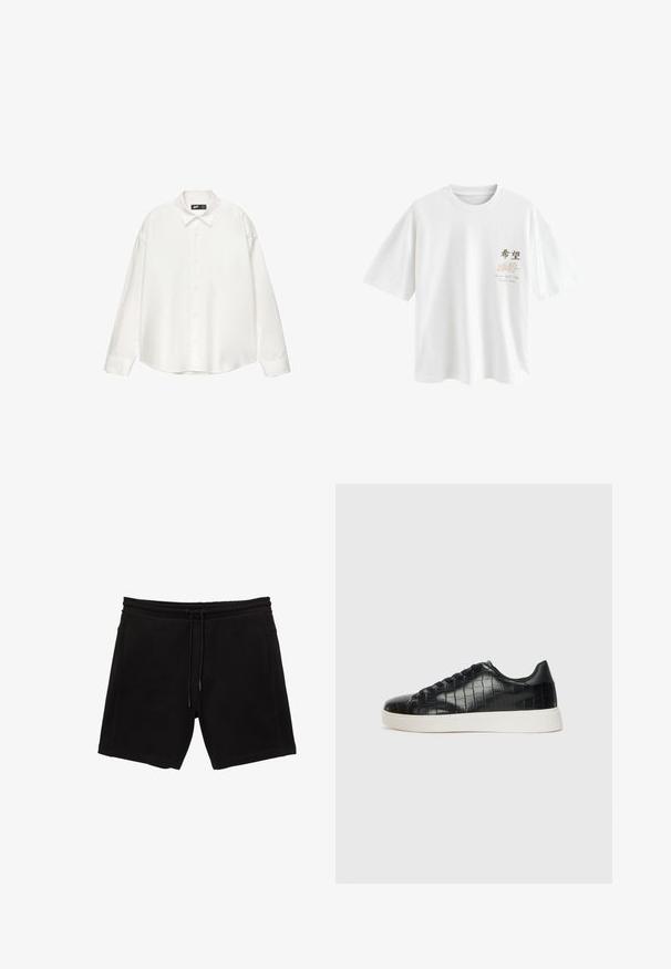 Biała koszula zapinana na guziki, wykonana z gładkiego materiału, z kołnierzykiem w szpic, długimi rękawami i luźnym, pudełkowym krojem.; Next - T-shirt z nadrukiem; Czarne szorty dresowe wykonane z mieszanki bawełny. Posiadają elastyczny pas z sznurkiem, boczne kieszenie oraz luźny krój.; Czarne sneakersy z teksturowaną cholewką ze skóry z tłoczeniem w kształcie krokodyla, okrągłym noskiem oraz kontrastującą białą gumową podeszwą o gładkim wykończeniu.