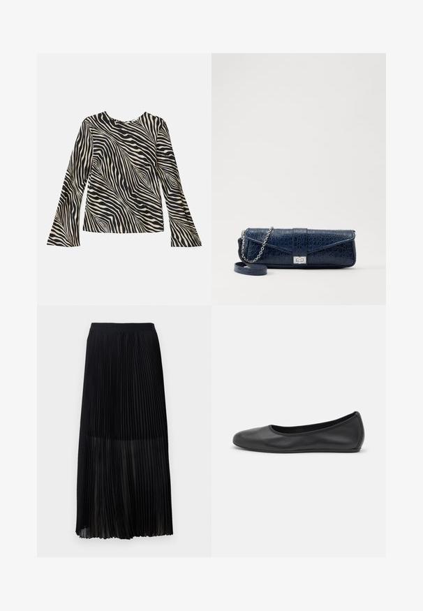Langärmliges Oberteil mit einem cremefarbenen und schwarzen Zebramuster, Rundhalsausschnitt, glattem Stoff und ausgestellt geschnittenen Ärmeln.; Schwarzer, plissierter Midirock mit einem glatten, elastischen Bund und einer durchsichtigen Überlagerung, die feine vertikale Falten im gesamten Stoff aufweist.; Schwarze Leder-Ballettschuhe mit abgerundeter Spitze, glatter Textur, minimalen Nähdetails und einem flexiblen Sohlen-Design.; Marineblaue Leder-Clutch mit Krokodilstruktur, silberner Kettenriemen und metallischem Verschluss. Rechteckige Form mit Umschlagdesign.