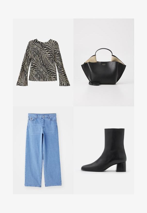 Majica z dolgimi rokavi z vzorcem kremne in črne zebre, okroglo izrezom, gladkim materialom in razširjenimi rokavi.; Črna dolgo rokavna majica iz mehkega blaga, s krogličnim izrezom in sproščenim krojem z bočnimi razpokami na robu za lažje gibanje.; Svetlo modri široki kavbojki iz denima, ki imajo klasičen pet-pocket dizajn in zaponko na gumb. Gladka tekstura, strgani rob.; Črne usnjene gležnjarje s koničastim nosom in masivnim kvadratnim peto. Gladka tekstura z brezšivnim dizajnom in minimalnim šivanjem.; Ree Projects ANN TOTE MINI - Torbica - black; Srebrne biserne uhane z ukrivljeno, fižolasto obliko. Gladka, sijoča površina ter pritrjena z zatičem in zaklepanjem zadaj.