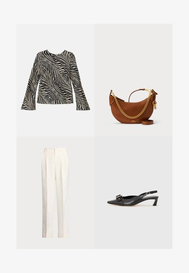 Langärmliges Oberteil mit einem cremefarbenen und schwarzen Zebramuster, Rundhalsausschnitt, glattem Stoff und ausgestellt geschnittenen Ärmeln.; Polo Ralph Lauren HEMP WIDE LEG PANT - Stoffhose - nevis; Schwarzer Leder Slingback-Schuh mit spitzer Zehenform, kleinem Absatz und dekorativem Schnallen-Detail auf dem Obermaterial. Glatte Textur, minimalistisches Design.; Braune Lederhandtasche mit geschwungenem Design, goldener Kettenriemen, Innentasche und abnehmbarem Schulterriemen. Mit kontrastierenden Nähten.
