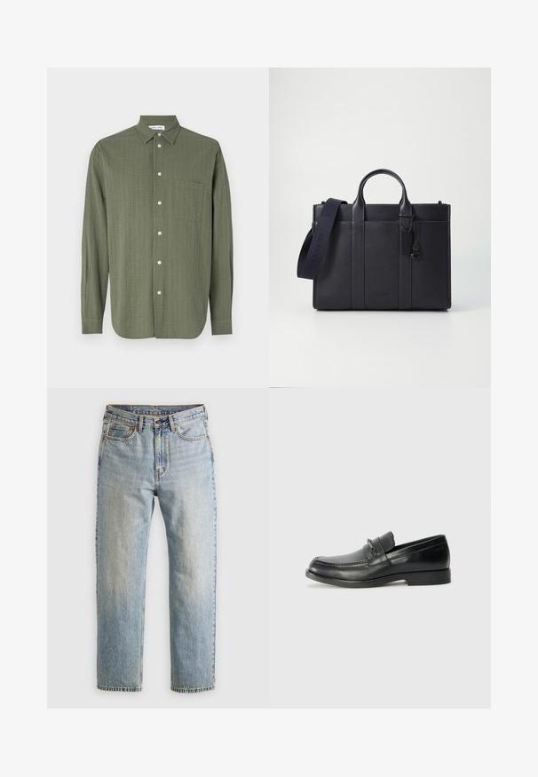 Košile s dlouhým rukávem v olivově zelené barvě, texturovaná látka, zapínání na knoflíky v přední části, jedno náprsní kapsa a klasický límec.; Svetle modré džíny z denimu s vysokým pasem, předním knoflíkem, zipem a designem s pěti kapsami, ležící rovně na neutrálním pozadí.; Černé kožené mokasíny s kulatou špičkou, s prošívaným vzorem, malým předním páskem s kovovými detaily a plochou gumovou podrážkou.; Tmavě námořnická kožená aktovka s dvojitými horními rukojeťmi a odnímatelným popruhem. Má texturovaný povrch, vertikální švy a detail s logem.