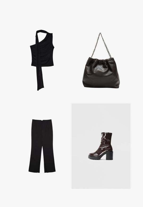 Sort ærmeløs top med en enkelt skulderrem, der har en flydende, draperet accent og samlet sidelægned. Lavet af et blødt stof.; Sorte bukser med lige pasform, der har frontlommer og slidser i kanten. Lavet af blødt, glat stof. Velegnet til forskellige anledninger.; Glatte burgunder ankelstøvler med en chunky sort hæl, der har en glat tekstur og et simpelt design. Ingen synlige lukninger eller mønstre.; Brun lædertaske med en rynket top og en kædestrop. Glat tekstur med en blank finish og subtile sømdetaljer på siderne.
