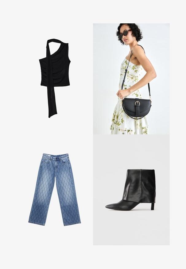 Black sleeveless top with a single shoulder strap, featuring a flowing, draped accent and gathered side texture. Made from a soft fabric.; Wide-leg denim jeans in light blue with a quilted diamond pattern, featuring five pockets and a button closure at the waist.; Black leather mid-calf boot with pointed toe, folded upper shaft, and slender low heel standing on white background.; Black leather handbag with a curved shape, detachable strap, and gold hardware. The bag features a flap with a buckle detail.