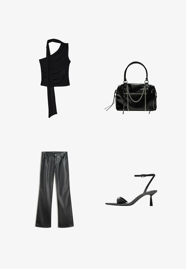 Čierna bezrukávová blúzka s jedným ramienkom, ktorá má prúdiaci a splývavý akcent a zloženú textúru na boku. Vyrobená z jemného materiálu.; Čierne faux kožené rozšírené nohavice s hladkou textúrou, dizajnom s piatimi vreckami, predným zipsom a kontrastným šitím.; Bershka Sandále na vysokom opätku - black; Bershka WITH CHAIN - Kabelka - black
