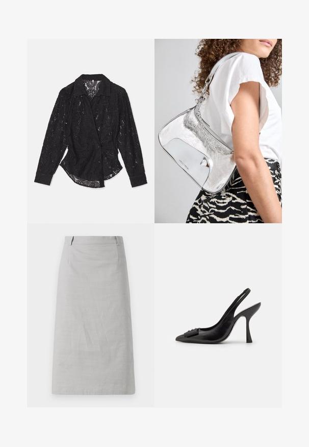 Baum und Pferdgarten MALUCA - Chemisier - black; Jupe crayon grise avec une texture lisse, une coupe ajustée et une taille plate, avec des coutures latérales et sans motifs ni accents visibles.; Chaussure slingback en cuir noir avec un bout pointu, un talon haut fin et un accent de nœud décoratif. Texture lisse et design élégant.; Sac à épaule en métal argenté avec une texture lisse, un design incurvé, une bandoulière en chaîne et un panneau avant poli présentant une gravure discrète du logo.