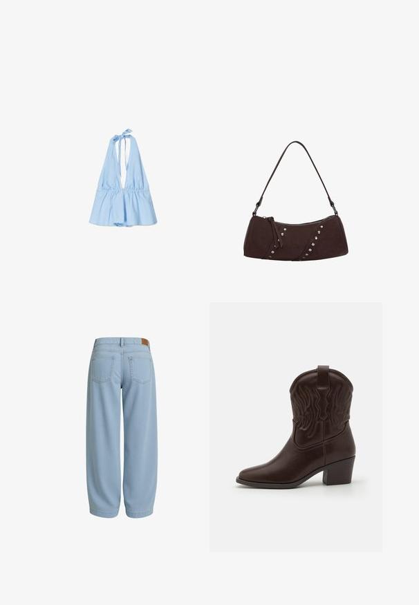 Világoskék, pántos felső, gumirozott derékövvel és bővülő aljjal. Puha, könnyű anyagból készült. A nyaknál megkötős.; Világoskék farmernadrág kényelmes szabással, hátsó két zsebbel, egy barna bőrpanelekkel ellátott derékvonallal és szűkülő bokákkal.; Barna bőr cowboy csizmák, hegyes orral, domború szárny mintákkal, közepes magasságú blokksarkakkal és hátsó húzófüllel.; Barna szintetikus bőrből készült kézitáska, ívelt formával, cipzáras záródással és díszes ezüst tüskékkel az egyik oldalon. Rövid vállpánttal rendelkezik.