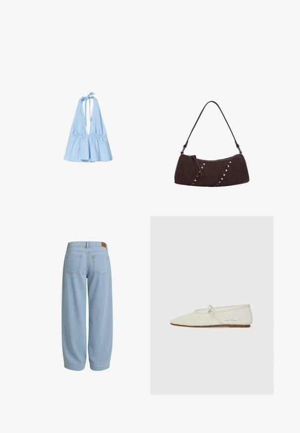 Ljusblå halterneck-top med sammanknuten elastisk midja och utsvängd nederkant. Tillverkad av ett mjukt, lätt material. Knyts säkert runt nacken.; Ljusblå denimbyxor med en avslappnad passform, som har två bakfickor, en midja med en brun läderlapp och avsmalnande anklar.; Krämfärgad nät-ballettskor med spetsig tå och justerbar rem. Har en texturerad ovandel och en platt, brun sula.; Brun syntetisk läderhandväska med en böjd form, dragkedjestängning och dekorativa silvernitar längs ena sidan. Har en kort axelrem.