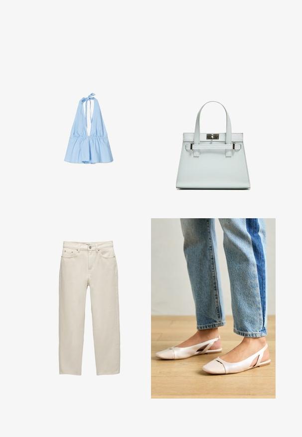 Top azzurro chiaro senza maniche con vita elastica arricciata e fondo svasato. Realizzato in un tessuto morbido e leggero. Si annoda saldamente al collo.; Jeans in denim bianco con una vestibilità rilassata, caratterizzati da gamba dritta, design a cinque tasche e hardware in metallo con una texture sottile.; Ballerine slingback rosa pallido con punta affusolata, realizzate in un materiale simile alla pelle liscio. Presentano dettagli a taglio sui lati e un tacco piatto.; Borsa a mano azzurro chiaro con design strutturato, due manici e chiusura in metallo tono argento. Materiale testurizzato e angoli acuti.