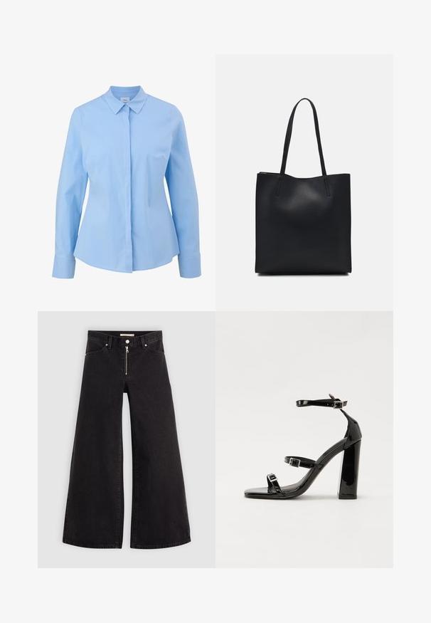 Svetlo modra srajca z dolgimi rokavi, z ostrim ovratnikom, z gumbom spredaj in gladko teksturo. Ima prilagojen kroj in manšete na rokavih.; Široke traperice iz črnega denima z zadrgo spredaj, petimi žepi in diskretnimi šivi. Gladka tekstura in ležeren slog.; Črne lakirane sandale s peto, kvadratnim prstom, trakovi okrog gležnja in srebrnimi zaponkami. Opremljene so s stabilno Debelo peto.; Črna usnjena torba s svilnato teksturo, pravokotne oblike in dvema dolgima ročajema. Brez vidnih metalnih delov ali okrasnih elementov.