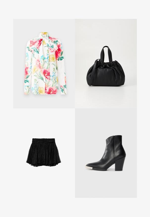 Valge pika varrukaga pluus, millel on lipsukrae ja värvikas lilleline trükk roosa, kollase ja sinise värviga. Sile kangas, vormitud sobivus.; Mustast pitsist seelik voldilise disainiga, millel on keha ümbritsev vöökoht ja kihiline tullialus suurema mahu ja tekstuuri andmiseks.; Must mustaankle saapad terava nina, kõrge plokknina ja hõbedane varbakattega detail. Sile tekstuur ja lihtne disain.; Mustmust mustkott mustrihmaga ülaosa disainiga, millel on kaks lühikest käepidet ja pikk reguleeritav rihm. Sile tekstuur, ümar kuju.