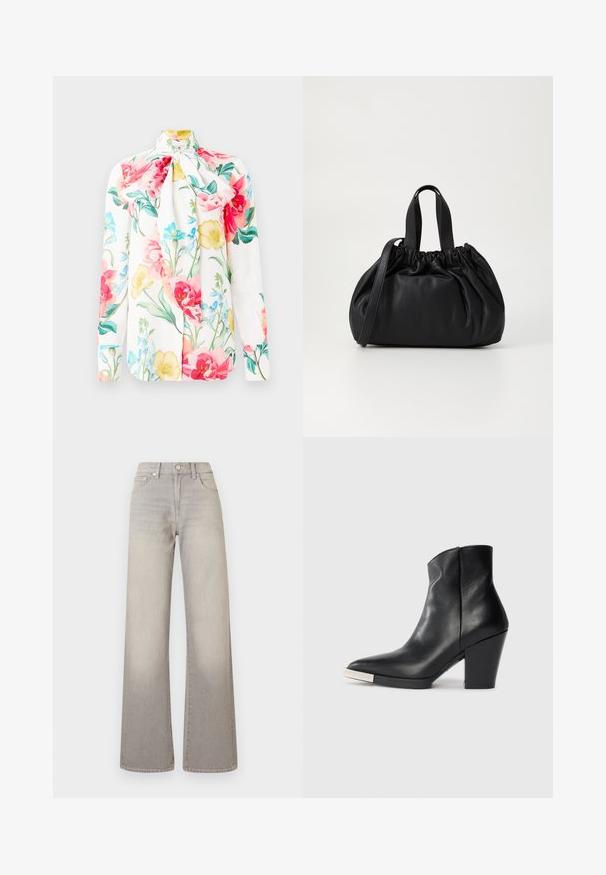 Hvid langærmet bluse med slipskrave, der har et farverigt blomsterprint i pink, gul og blå. Glat stof, skræddersyet pasform.; Grå vide ben jeans med en falmet finish, knaplukning, fem-lomme design og syede detaljer langs sømmene.; Sort læder ankelstøvle med spids tå, høj blokhæl og detalje med sølv tåhætte. Glat tekstur og enkelt design.; Sort læderhåndtaske med en samlet topdesign, der har to korte håndtag og en lang justerbar rem. Glat overflade, rund form.