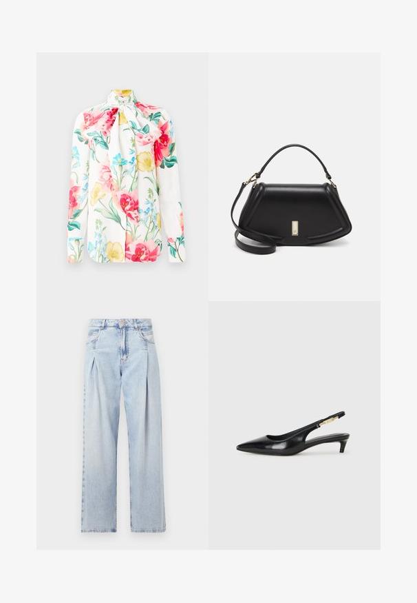 Balta garās piedurknes blūze ar saišu apkakli, kurai ir krāsains ziedu prints rozā, dzeltenā un zilo krāsā. Gluda auduma, pieguļošs griezums.; Gaiši zilas džinsu bikses ar augstu jostasvietu, plats kāju griezumu, divām sānu kabatām un krokotā dizaina akcentiem. Mīksta tekstūra ar izdilušu apdari.; Melnas ādas slingback zābaki ar smailu purngalu, ar šauru papēdi un zelta krāsas akcentu uz regulējama siksniņas. Gluda tekstūra.; Melnas ādas roku soma ar struktūru, ar īsu formu, augšējo rokturi un zelta aksesuāriem. Iekļauta regulējama plecu siksna.