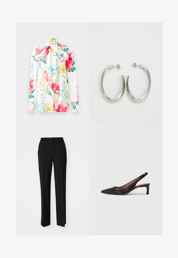 Biela blúzka s dlhým rukávom a viazaným golierom, zdobená farebnou kvetinovou potlačou v ružovej, žltej a modrej farbe. Hladká tkanina, prispôsobený strih.; Čierne krajčírské nohavice so strihom rovného nohu, s hladkou textúrou a ostrými skladmi pozdĺž prednej časti. Žiadne viditeľné hardvér.; Čierne kožené slingback lodičky s špicatou špičkou, nízkym opätkom a hladkým povrchom. Obsahujú tenký nastaviteľný remienok pre bezpečné upevnenie.; Strieborné kruhové náušnice s hladkým, zakriveným dizajnom. Majú lesklý kovový povrch a zapínanie na kolík. Žiadne viditeľné vzory ani akcenty.