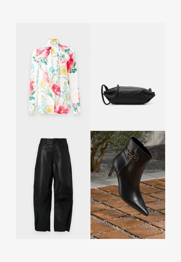 Blusa branca de manga longa com colarinho laço, apresentando um estampado floral colorido em rosa, amarelo e azul. Tecido suave, ajuste estruturado.; Calças de couro preto com um ajuste solto, apresentando um design de perna reta, bolsos frontais e detalhes de costura visíveis.; Bota de tornozelo em couro preto com bico fino e salto pequeno. Apresenta um detalhe em corrente dourada no tornozelo. Cercada por uma superfície de pedra texturizada.; Carteira de mão em couro preto com formato retangular, textura suave, alça de ombro fina e design minimalista.