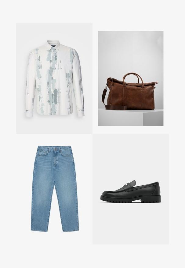 Λευκό πουκάμισο με μακριά μανίκια και μπλε αφηρημένο μοτίβο, με κλειστό γιακά και κουμπιά κατά μήκος του μπροστινού μέρους, κατασκευασμένο από ελαφρύ ύφασμα.; Ανοιχτό γαλάζιο τζιν παντελόνι με φαρδιά πόδια και ψηλή μέση, διαθέτει πέντε τσέπες, θηλιές ζώνης και απαλό, ελαφρώς ξεθωριασμένο υλικό.; Μαύρα δερμάτινα λουστρίνια με στρογγυλή μύτη, που διαθέτουν ραμμένο σχέδιο, χαμηλή πλατφόρμα και υφή με λαστιχένια σόλα με προεξοχές.; Καφέ δερμάτινη τσάντα duffle με κλείσιμο φερμουάρ, διπλές λαβές, ρυθμιζόμενο λουρί ώμου και εμφανείς υφασματικές υφές στην επιφάνεια.