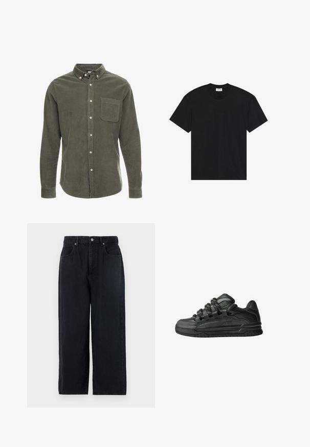Olivgrön kordfluwel skjorta med långa ärmar, knapp-ner krage, framficka och framknäppning. Texturerad tyg med vertikala ränder.; Svart kortärmad t-shirt i bomull. Har en klassisk rund halsringning och en avslappnad passform utan synliga mönster eller detaljer.; Svarta denimbyxor med rak ben design, som har fem fickor, knäppning med knapp och en ren finish. Hållbart tyg med en matt textur.; Svarta sneakers med ovandel i slät läder, texturerade detaljer och runda svarta och vita snören. Tjock gummisula med ett mönstrat mönster.