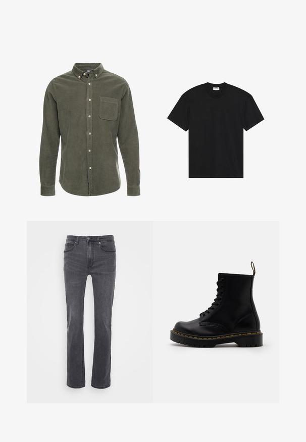 Koszulka z oliwkowo-zielonego kordurowego materiału, z długimi rękawami, kołnierzykiem zapinanym na guziki, kieszenią z przodu oraz listwą guzikową z przodu. Teksturowany materiał w pionowe paski.; Czarna koszulka z krótkim rękawem wykonana z bawełny. Posiada klasyczny okrągły dekolt i luźny krój bez widocznych wzorów czy akcentów.; Szare dżinsy o prostym kroju, z przednimi kieszeniami i klasycznym zapięciem na guzik. Gładka tekstura z delikatnym wyblaknięciem.; Czarne skórzane botki sięgające do kostki z sznurowanym przodem, żółtym przeszyciem, zaokrąglonym czubkiem i grubą, teksturowaną gumową podeszwą.