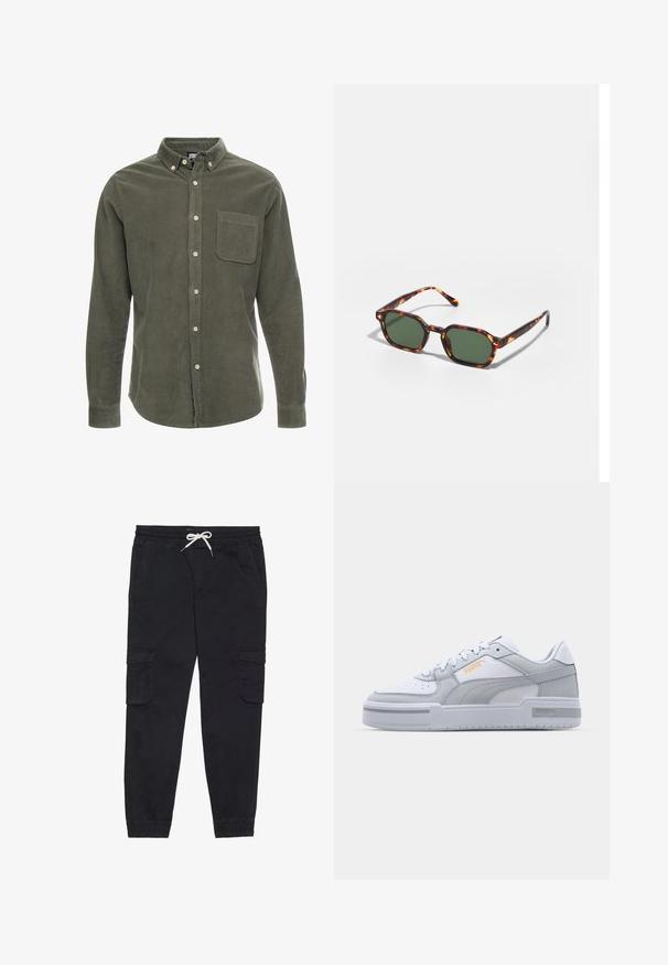 Olivenvihreä corduroy-paita pitkillä hihoilla, napillinen kaulus, etutasku ja etunappikiinnitys. Teksturoitu kangas, jossa on pystysuorat raidat.; Mustat cargo-housut, jotka on valmistettu puuvillasta ja joissa on elastinen vyötärönauha kiristysnyörillä, sivutaskut ja kapenevat lahkeet.; Harmaat ja valkoiset lenkkarit, joissa on sileä nahkapinta, rei'itetty varvastoppa, nauhakiinnitys, teksturoituja yksityiskohtia ja hillitty kultainen logo.; Kilpikonnakuosiset aurinkolasit vihreillä linsseillä, joissa on oktaalinen muoto ja kapeat, kaarevat varret. Materiaalissa on kiiltävä pinta.