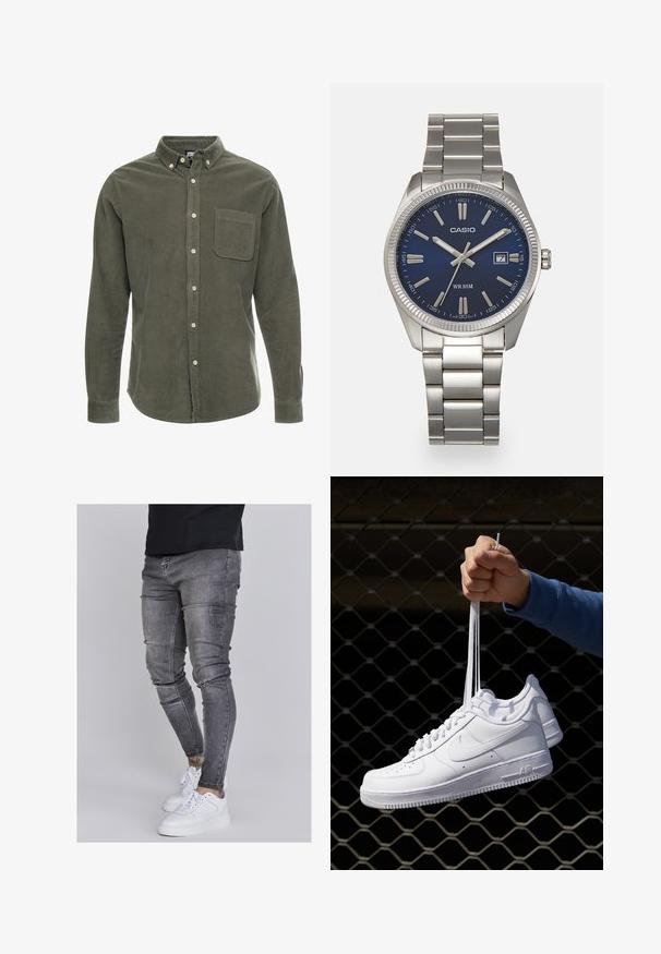Olijfgroene corduroy overhemd met lange mouwen, button-down kraag, voorkeurszak en knoopsluiting aan de voorkant. Getextureerde stof met verticale strepen.; Skinny jeans in vervaagd grijs denim, met versleten details op de knieën, gecombineerd met witte sneakers. Gladde textuur, slank model.; Witte leren sneakers met perforaties, ronde neus, vlakke zool en dikke veters, met een zichtbare swoosh-logo en "AIR" op de hiel.; Zilveren roestvrijstalen horloge met een marineblauwe wijzerplaat, metalen uurmarkeringen en een datumnis op 3 uur. Waterbestendig tot 50 meter.