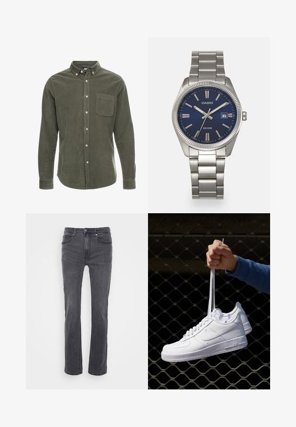 Olīvu zaļš korduroja krekls ar garām piedurknēm, pogām aizdaru, priekšējo kabatu un priekšējo pogu rindu. Tekstūrēta auduma ar vertikālām svītrām.; Gai džinsu bikses ar taisnas kājas dizainu, kurām ir priekšējās kabatas un klasiskā pogu aizdare. Gluda tekstūra ar maigiem izbalējumiem.; Baltas ādas sporta apavi ar perforācijām, apaļu purngali, plakanu zoli un biezām šņorēm, ar redzamu swoosh logo un vārdu "AIR" uz papēža.; Sudraba nerūsējošā tērauda rokas pulkstenis ar tumši zilu ciparnīcu, metalizētiem stundu rādītājiem un datuma logu pie pulksten 3. Ūdensizturīgs līdz 50 metriem.