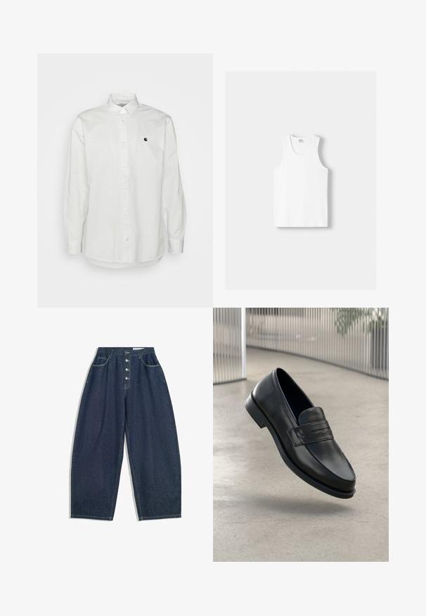 Camicia bianca a maniche lunghe con bottoni, realizzata in cotone, con un piccolo logo nero sul petto sinistro e un colletto classico con dettagli di bottoni.; Canotta bianca in cotone con scollatura rotonda, spalline larghe e orlo dritto, caratterizzata da una superficie liscia e senza motivi visibili.; Pantaloni larghi in denim blu scuro con vita alta, chiusura a cinque bottoni e cinque tasche. Presentano accenti di cucitura sulle cuciture.; Mocassino in pelle nera con texture liscia, punta appuntita e una fascia decorativa sul collo del piede. Suola leggera, design minimale.