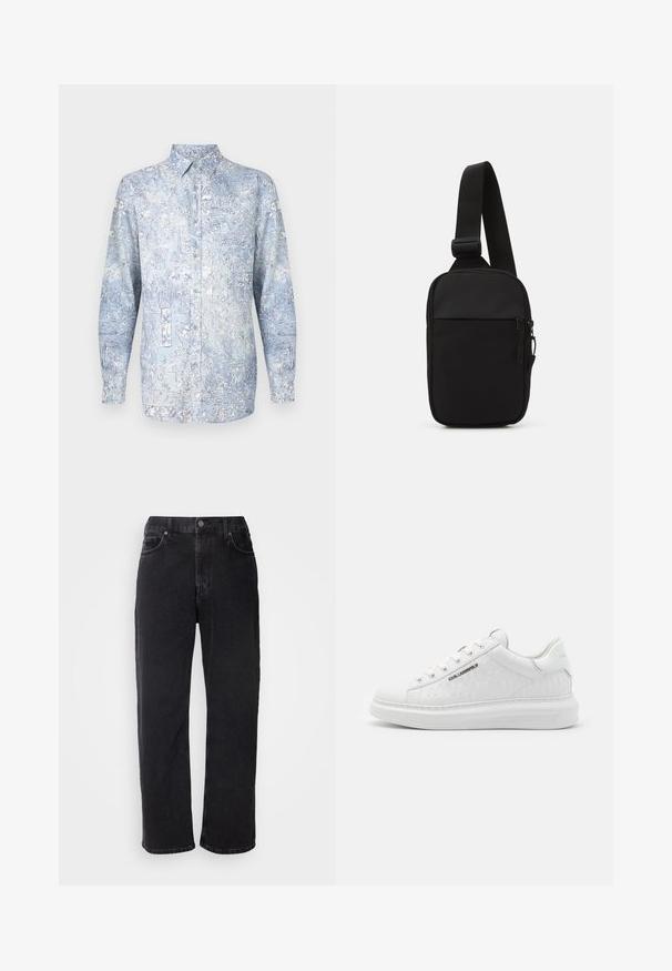 Hele sinine nööpidega särk, millel on lillmustrid, pikad varrukad ja klassikaline krae. Valmistatud pehmest materjalist, millel on sile tekstuur.; Mustad teksad sirge lõikega, viie taskuga ja kontrastsete õmblustega. Omab nööpkinnitust ja vöölõikeid.; Valged sneakerid, mis on valmistatud siledast nahast ja millel on reljeefne muster. Omab ümmargust varvasekambrit, nööpide ja paeltega esiosa ning tekstuurset tallaosa. Külje peal on hõbedane logo detail.; Mustmust crossbody kott mustekangast, millel on üks reguleeritav rihm, lukuga põhiosas ja eesmine tasku.