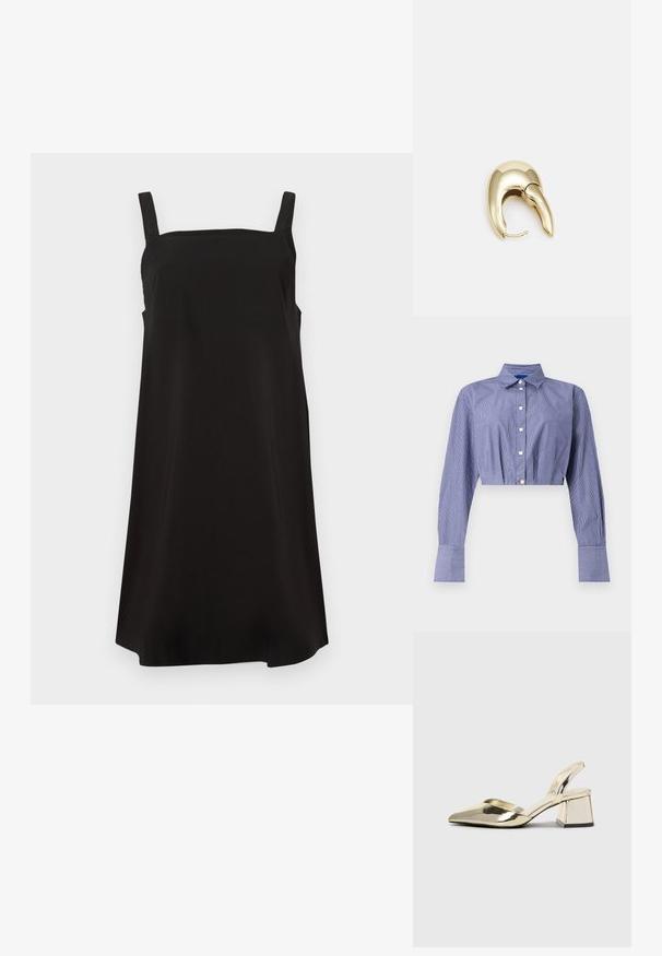 Rikkaline sinine lühikese lõikega särk, millel on nööpidega eesmine külg, pikad varrukad, klassikaline krae ja laiad mansetid. Valmistatud kergest kangast.; Must mustrõngaga must kleit, mis on valmistatud siledast kangast, vaba lõike ja sirge silueti puhul. Pole nähtavaid mustreid ega metallist elemente.; Kuldne, metallilised slingback-kudumid terava varba ja paksu kontsaga. Sile tekstuur, minimalistlik disain ja kitsas rihm.; Mustmust mustraha kõverate joontega, eemaldatava rihmaga ja kuldsete detailidega. Kotil on klapp, millel on pandladetail.; Kuldtooni metallist kõrvarõngas, millel on elegantne ja kaarjas disain. Omab silmapaistvat teravat kuju, poleeritud pinda ja hingesulgemist.