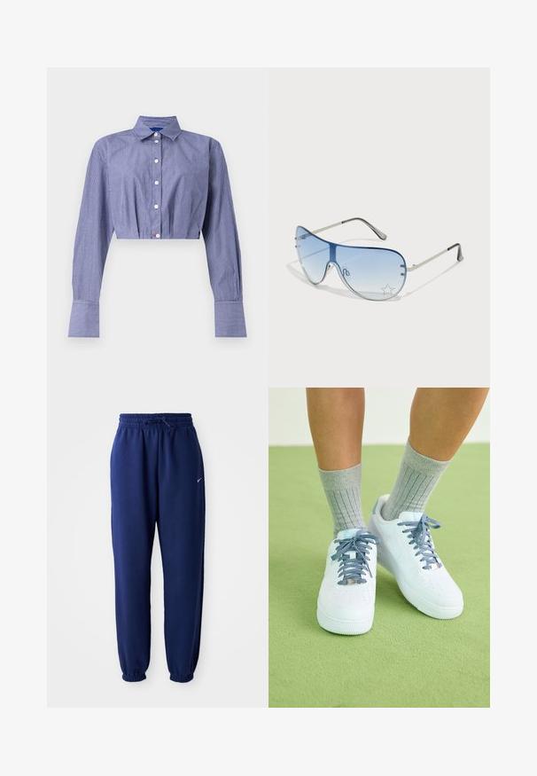 Csíkos kék, rövidített felső, gombos elülső résszel, hosszú ujjakkal, klasszikus gallérral és széles mandzsettákkal. Könnyű anyagból készült.; Navy kék sportnadrág puha anyagból, elasztikus derékpánttal és zsinórral, elasztikus mandzsettákkal és egy kis fehér logóval.; Fehér bőr sportcipő kék akcentusokkal, perforált orrdesignnal és texturált kék-fehér cipőfűzőkkel, szürke bordás zoknikkal viselve.; Pilóta napszemüveg, melynek áttetsző kék lencséje, ezüst fém kerete és díszes csillag díszítések találhatók a lencsén. Simogató és elegáns dizájn.