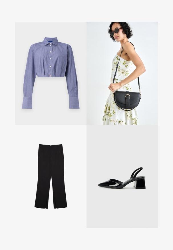 Prúhovaná modrá skrátená košeľa s gombíkovým zapínaním, dlhými rukávmi, klasickým golierom a širokými manžetami. Vyrobená z ľahkého materiálu.; Čierne nohavice so strihom rovného strihu, s prednými vreckami a bočnými rozparkami na leme. Vyrobené z mäkkej, hladkej tkaniny. Vhodné na rôzne príležitosti.; Čierne lakované kožené sandálové podpätky s špicatou špičkou a geometrickým blokovým podpätkom. Disponujú elegantným, minimalistickým dizajnom a hladkým povrchom.; Čierna kožená kabelka s zaobleným tvarom, odnímateľným popruhom a zlatými doplnkami. Kabelka má klopu s detailom s prackou.