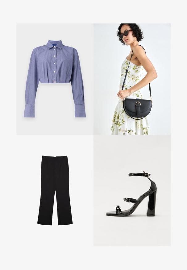 Prugasta modra skrajšana srajca z gumbi na sprednji strani, dolgimi rokavi, klasičnim ovratnikom in širokimi manšetami. Narejena iz lahkotnega materiala.; Črne hlače ravnega kroja z naglavnimi žepi in stranskimi razporki na robu. Narejene iz mehke, gladke tkanine. Primerne za različne priložnosti.; Črne lakaste sandale z visokimi petami, z dvema trakovoma z zaponkama, kvadratnim sprednjim delom in masivno širšo peto, z gladko, sijočo teksturo.; Črna usnjena torbica s ukrivljeno obliko, z odstranljivo naramnico in zlatimi dodatki. Torbica ima pokrov s podrobnostmi v obliki zaponke.