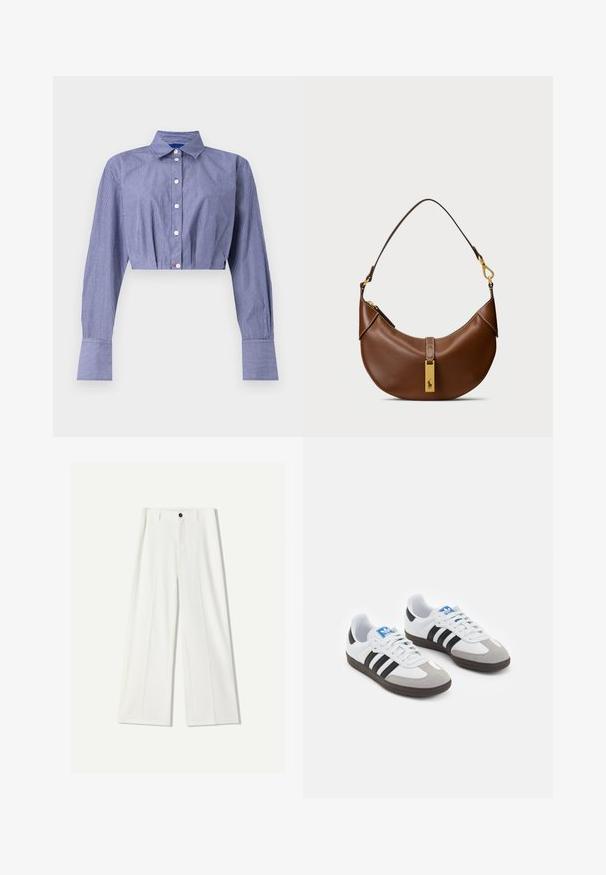 Prugasta modra skrajšana srajca z gumbi na sprednji strani, dolgimi rokavi, klasičnim ovratnikom in širokimi manšetami. Narejena iz lahkotnega materiala.; Bele široke hlače iz gladkega materiala, ki imajo sprednje zapiranje na gumb in naborke. Zasnova s ravnim sprednjim delom, brez vidnih žepov.; Športni čevlji z belim usnjenim zgornjim delom, sivim semišem na prstih in tremi črnimi črtami. Imajo modro logo na jeziku in teksturiran gumijast podplat.; Rjava usnjena torba za ramensko nošenje s ukrivljeno obliko, zlatim dodatkom, detajlom na zgornjem zapiranju in logotipom. Gladka tekstura s šivi.