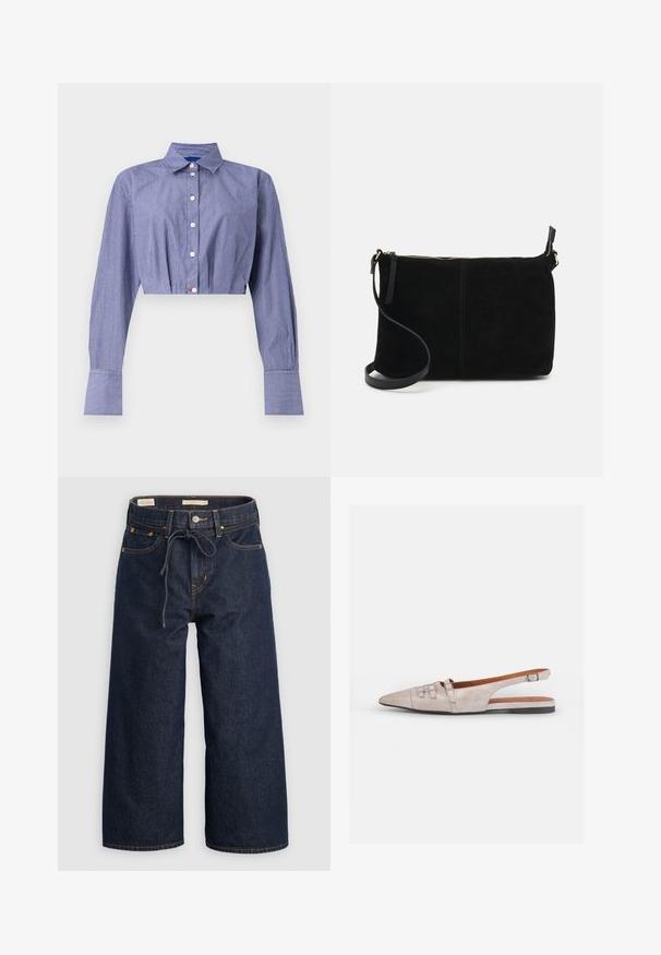 Striped blue cropped shirt with a button-down front, long sleeves, classic collar, and wide cuffs. Made from lightweight fabric.; Dark blue wide-leg denim jeans with a drawstring waistband, front pockets, and contrasting orange stitching details.; Light beige slingback shoe with a pointed toe, a soft suede texture, featuring two decorative buckles and a low, flat heel.; Black suede crossbody bag with a zip closure, flat rectangular design, and a detachable strap for versatility. Smooth texture, minimalist style.