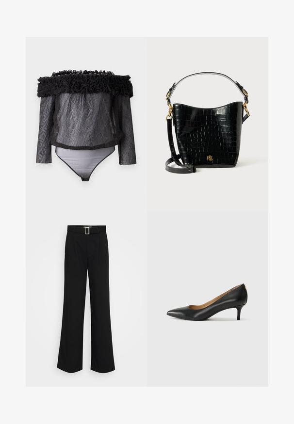 Hofmann Copenhagen EXCLUSIVE - Μπλούζα - black; Μαύρο παντελόνι με φαρδιά πόδια, κατασκευασμένο από ελαφρύ ύφασμα, με λεία υφή, μπροστινές πτυχές και ζώνη με τετράγωνη μεταλλική αγκράφα.; Μαύρο δερμάτινο τακούνι με μυτερή μύτη, χαμηλό τακούνι και λεία υφή. Διαθέτει ελαφρύ άνοιγμα στο μπροστινό μέρος και ελάχιστο υλικό στο πίσω μέρος.; Μαύρη τσάντα από δέρμα με ανάγλυφο σχέδιο κροκοδείλου, με καμπυλωτό σχήμα, χρυσές μεταλλικές λεπτομέρειες, ρυθμιζόμενη θήκη και λεπτομέρεια λογότυπου στο μπροστινό μέρος.
