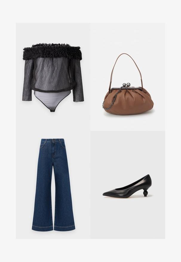 Hofmann Copenhagen EXCLUSIVE - Blūze - black; Plati ziladenim bikses ar augstu jostasvietu, kas aprīkotas ar pogas aizdari, jostu cilpām un nelieliem šuvju detalizējumiem ap kabatām un malām.; Melnas ādas augstpapēžu kurpes ar smailu purngalu un apaļu papēdi. Gluda tekstūra ar elegantu, minimālistisku dizainu.; Brūns ādas rokassomu ar salocītu dizainu, īsu ādas rokturi un ķēdes siksnu. Tam ir sudraba metāla sprādze ar diviem apaļiem akcentiem.