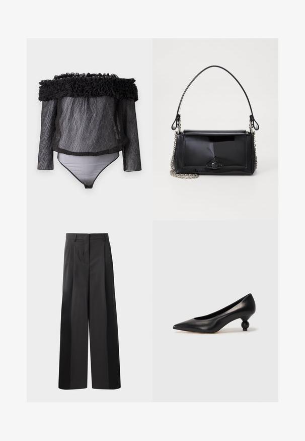 Hofmann Copenhagen EXCLUSIVE - Blúz - black; Fekete, bő szárú nadrág magas derékkal, elöl plissékkel, sima felülettel és igényes kidolgozással. Kényelmes viseletre tervezve.; Fekete bőr magassarkú cipő, hegyes orral és kerek, gömbölyű sarokkal. Simább textúrával, elegáns, minimalista dizájnnal.; Fekete lakkbőr kézitáska téglalap alakú, láncos vállpánttal és középen egy jellegzetes fém díszítéssel. Simaszerkezet.
