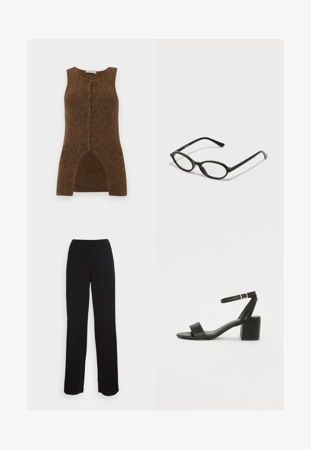 Smeđa pletena bezrukavna prsluk s prednjim kopčanjem na dugmad, razdvojenim rubom i mekim teksturom, dizajnirana za slojevito nošenje.; Crne hlače s ravnim nogavicama, glatkom teksturom i prilagođenim pojasom. Imaju prednje džepove i minimalne šavove.; Crne sandale na visoku petu s glatkim kožnim gornjim dijelom, otvorenom kapicom, širokim prednjim trakama i podesivim remenom oko gležnja s detaljem zlatne kopče.; Crne naočale ovalnog okvira s prozirnim ljubičastim naglascima na lećama. Okviri imaju mat finiš i tanke, ravne temple.; Crna kožna torba s lukovitim oblikom, odvojivim remenom i zlatnim detaljima. Torba ima preklop s kopčom.