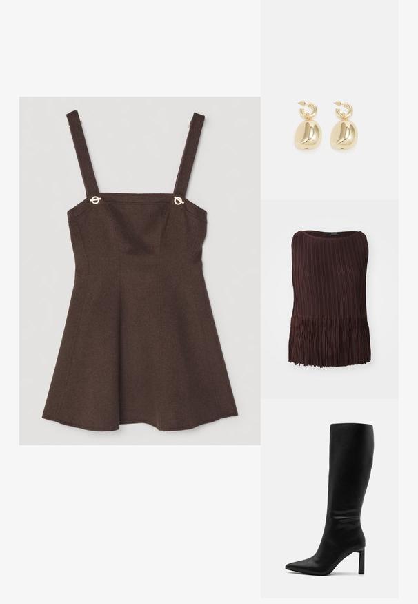 Top marrone a pieghe con scollo rotondo e orlo frangiato. Realizzato in materiale leggero, presenta motivi di texture verticali e orizzontali.; Abito senza maniche marrone con spalline regolabili, dotato di accenti in metallo dorato e un design a campana svasato. Texture in misto lana.; Even&Odd Stivali alti - black; Orecchini a cerchio in oro con pendenti lisci e arrotondati dal riflesso lucido, sospesi a un attacco a cerchio texture.